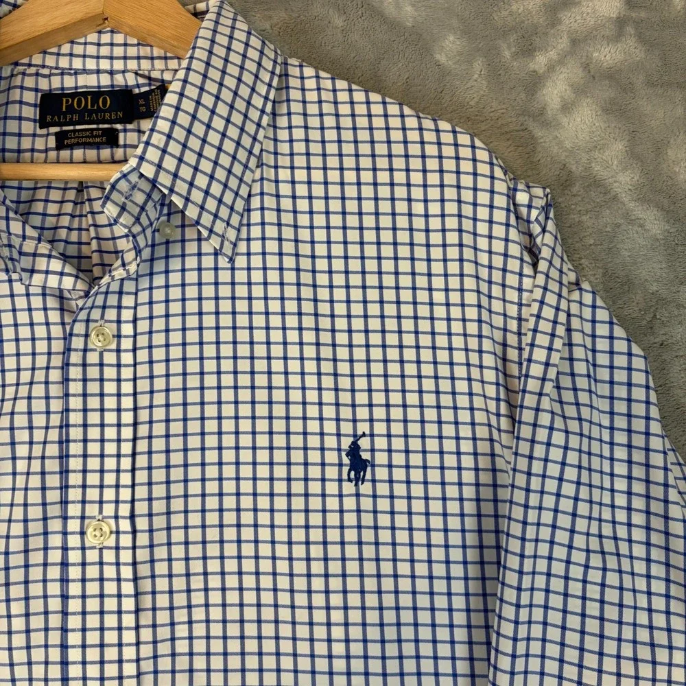 Polo Ralph Lauren Performance Button Down Shirt Mens XL Blue White Window Pane